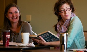 Christina Muldoon (left) and Heather Pattengale rehearsing for "It's A Wonderful Life" at Rosebud Theatre