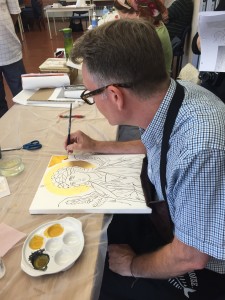 Iconographer Peter Murphy from Canterbury, England demonstrates egg tempera painting for students.